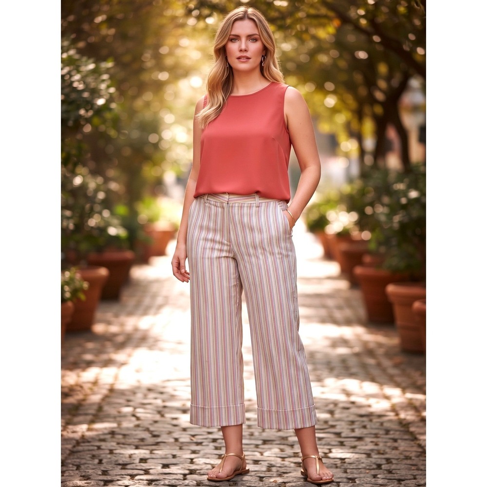 VTG Striped Wide Leg Cropped Capri Pants Sz 14 Quality Tailored Stretch Cuffs